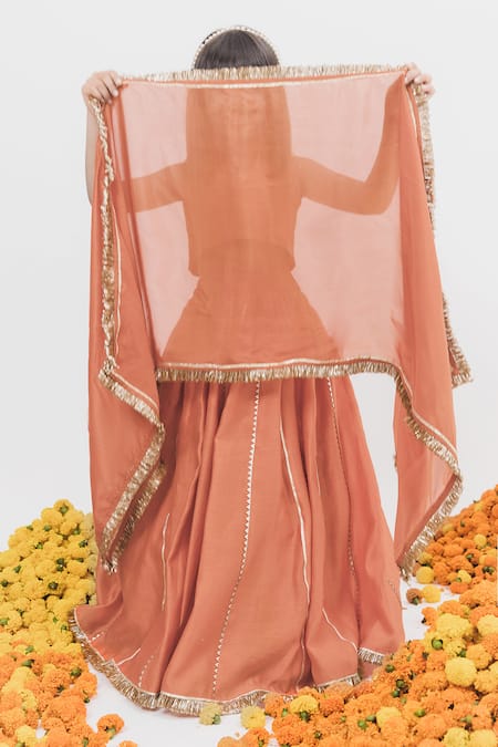 Chotibuti X AZA_Orange Chanderi, Linen Gota Patti, Lace Embellished Lehenga Set _at_Aza_Fashions
