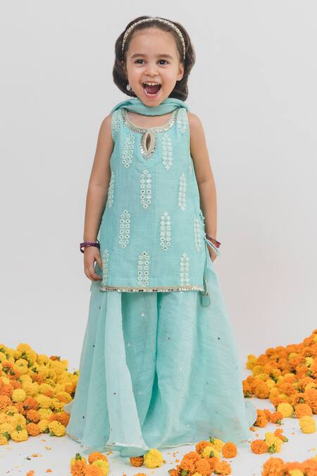 Chotibuti X AZA_Blue Chanderi, Linen Embroidery, Mirrors Kurta Sharara Set _Online_at_Aza_Fashions