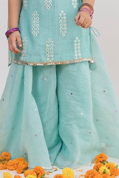 Buy_Chotibuti X AZA_Blue Chanderi, Linen Embroidery, Mirrors Kurta Sharara Set _Online_at_Aza_Fashions