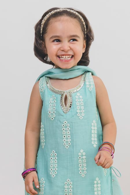 Shop_Chotibuti X AZA_Blue Chanderi, Linen Embroidery, Mirrors Kurta Sharara Set _Online_at_Aza_Fashions