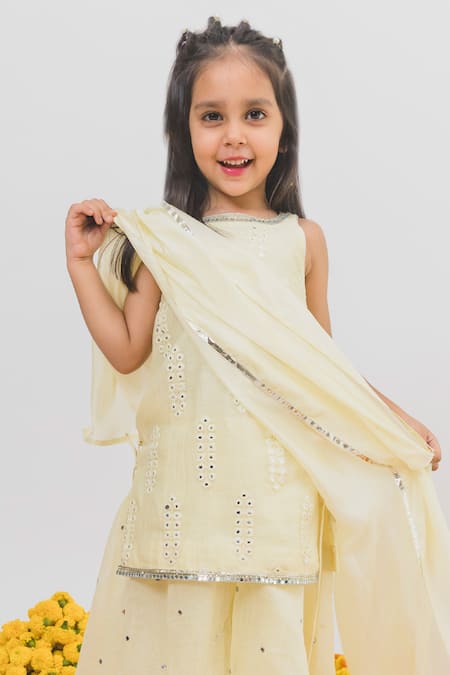 Shop Chotibuti X AZA Yellow Chanderi, Linen Mirrors, Embroidery Work Kurta Sharara Set Online at Aza Fashions Shop_Chotibuti X AZA_Yellow Chanderi, Linen Mirrors, Embroidery Work Kurta Sharara Set _Online_at_Aza_Fashions