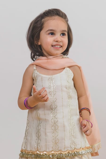 Buy_Chotibuti X AZA_Off White Chanderi, Cotton Gota Patti Embellished Kurta Sharara Set _Online_at_Aza_Fashions