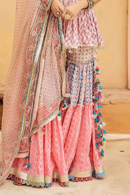 Maayera Jaipur_Peach Organza, Satin, Cotton Gota Blossom Print Kurta Sharara Set _Online_at_Aza_Fashions