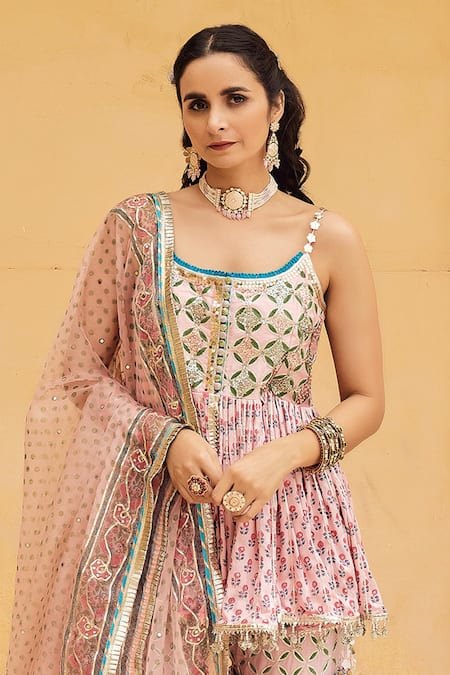 Buy_Maayera Jaipur_Peach Organza, Satin, Cotton Gota Blossom Print Kurta Sharara Set _Online_at_Aza_Fashions