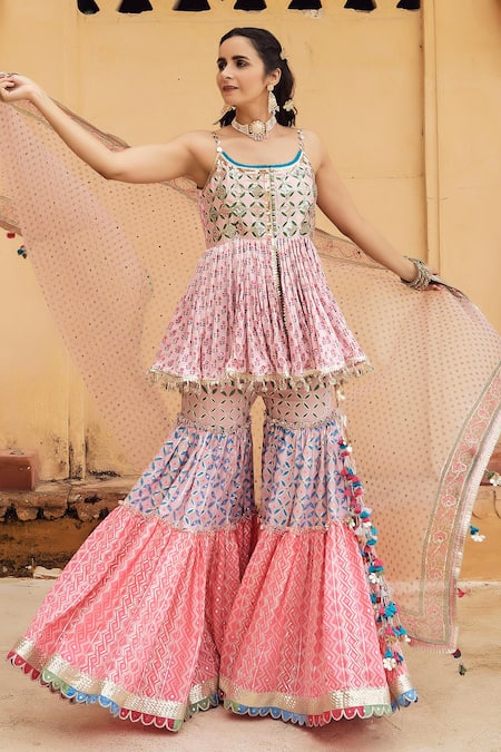 Shop_Maayera Jaipur_Peach Organza, Satin, Cotton Gota Blossom Print Kurta Sharara Set _Online_at_Aza_Fashions