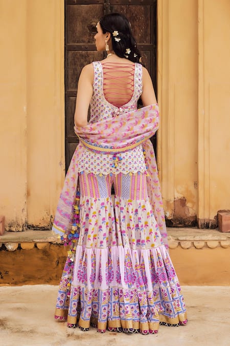 Maayera Jaipur Bloom Print Embroidered Kurta Sharara Set 