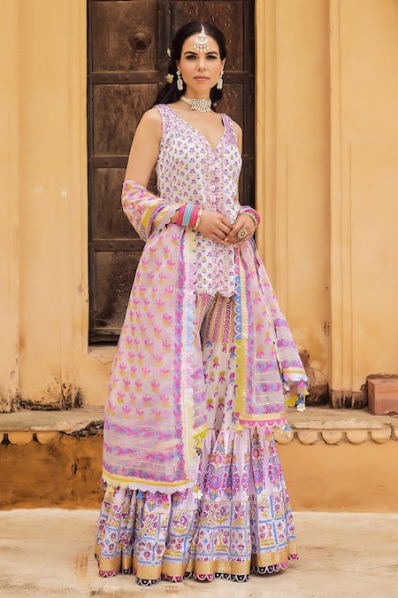 Buy_Maayera Jaipur_Pink Silk Organza, Muslin, Cotton Bloom Print Embroidered Kurta Sharara Set _Online_at_Aza_Fashions