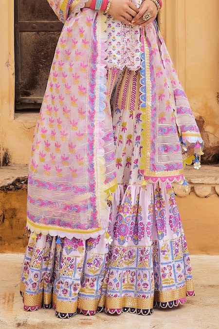 Shop_Maayera Jaipur_Pink Silk Organza, Muslin, Cotton Bloom Print Embroidered Kurta Sharara Set _Online_at_Aza_Fashions