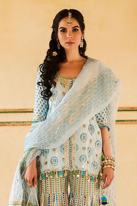 Maayera Jaipur_Blue Organza, Cotton, Satin Crest Bloom Print Kurta Sharara Set _Online_at_Aza_Fashions