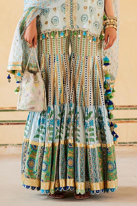 Buy_Maayera Jaipur_Blue Organza, Cotton, Satin Crest Bloom Print Kurta Sharara Set _Online_at_Aza_Fashions