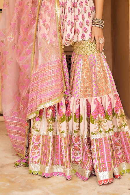 Maayera Jaipur_Multi Color Organza, Satin Crest Blossom Peplum Kurta Sharara Set _Online_at_Aza_Fashions