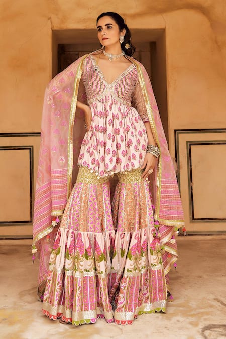Buy_Maayera Jaipur_Multi Color Organza, Satin Crest Blossom Peplum Kurta Sharara Set _Online_at_Aza_Fashions