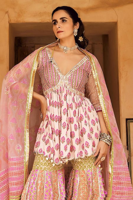 Shop_Maayera Jaipur_Multi Color Organza, Satin Crest Blossom Peplum Kurta Sharara Set _Online_at_Aza_Fashions