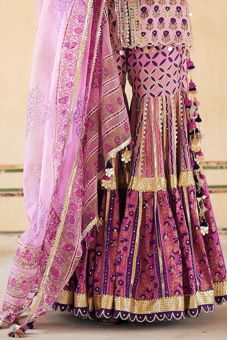 Maayera Jaipur_Purple Organza, Satin Gota Phool Print Embroidered Kurta Sharara Set _Online_at_Aza_Fashions