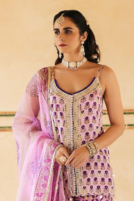 Buy_Maayera Jaipur_Purple Organza, Satin Gota Phool Print Embroidered Kurta Sharara Set _Online_at_Aza_Fashions