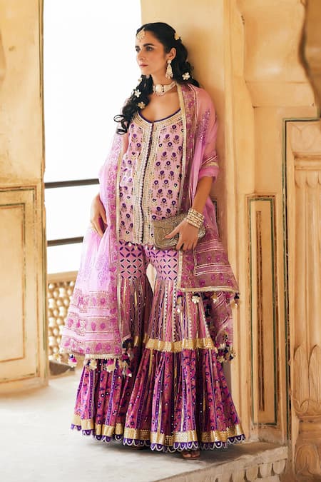 Shop_Maayera Jaipur_Purple Organza, Satin Gota Phool Print Embroidered Kurta Sharara Set _Online_at_Aza_Fashions