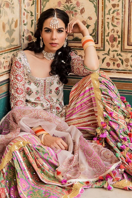 Buy_Maayera Jaipur_Multi Color Organza, Gota Bahar Print Embroidered Kurta Sharara Set_Online_at_Aza_Fashions