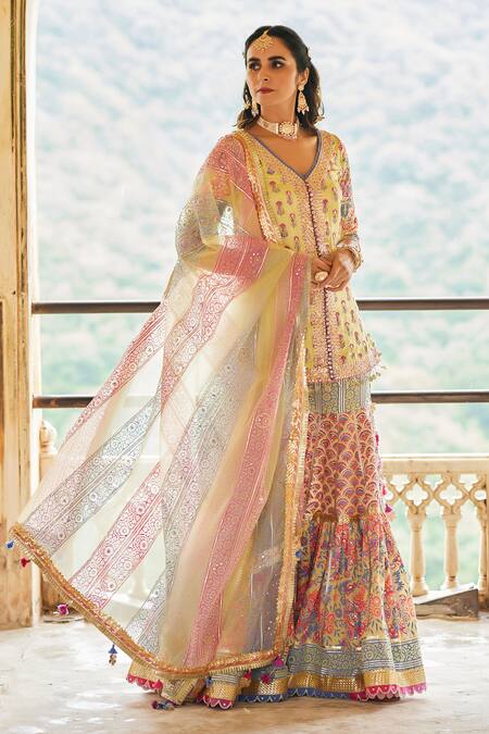 Buy_Maayera Jaipur_Yellow Organza, Cotton, Satin, Bahara Print Embroidered Kurta Set _Online_at_Aza_Fashions