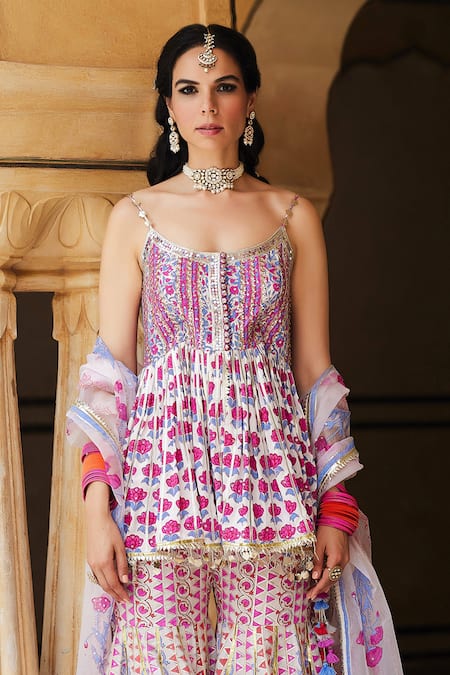 Maayera Jaipur_Pink Organza, Satin, Chiffon, Cotton Gulshan Print Peplum Kurta Set _Online_at_Aza_Fashions