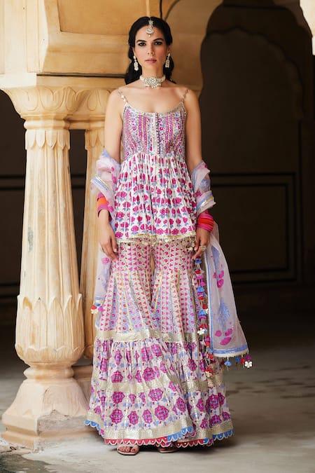 Buy_Maayera Jaipur_Pink Organza, Satin, Chiffon, Cotton Gulshan Print Peplum Kurta Set _Online_at_Aza_Fashions
