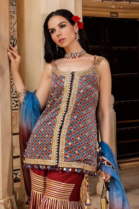 Maayera Jaipur_Maroon Gabardine, Silk Gota Patti, Sequins, Florin Jaal Embroidered Kurta Set _Online_at_Aza_Fashions