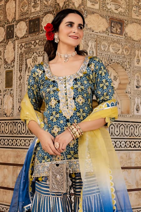Maayera Jaipur_Blue , Gabardine, Organza Bloom Jaal Print And Embroidered Kurta Set _Online_at_Aza_Fashions