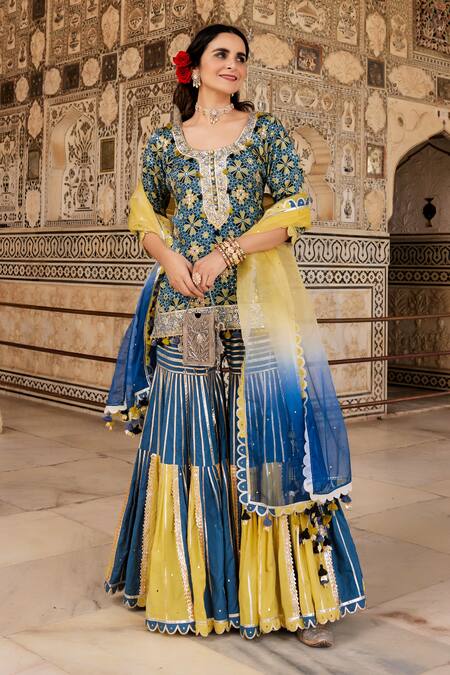Buy_Maayera Jaipur_Blue , Gabardine, Organza Bloom Jaal Print And Embroidered Kurta Set _Online_at_Aza_Fashions