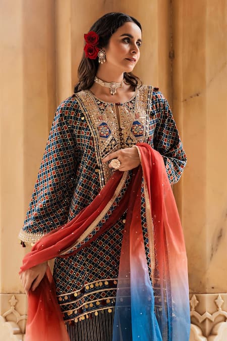 Maayera Jaipur_Blue Silk Organza, Gabardine Zari, Sequins Embroidered Jaal Print Kurta Set _Online_at_Aza_Fashions