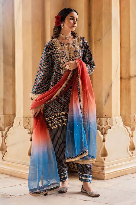 Buy_Maayera Jaipur_Blue Silk Organza, Gabardine Zari, Sequins Embroidered Jaal Print Kurta Set _Online_at_Aza_Fashions