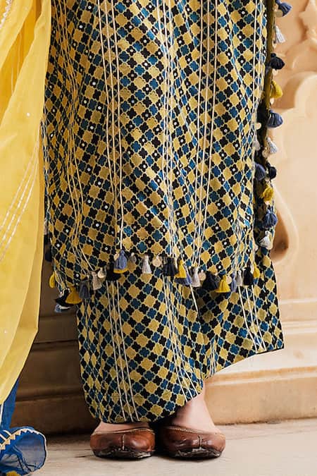 Maayera Jaipur_Blue Silk Organza, Gabardine Zari, Gota Phool Jaal Print And Embroidered Kurta Set _Online_at_Aza_Fashions