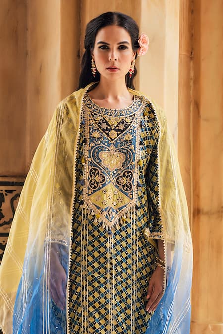Buy_Maayera Jaipur_Blue Silk Organza, Gabardine Zari, Gota Phool Jaal Print And Embroidered Kurta Set _Online_at_Aza_Fashions