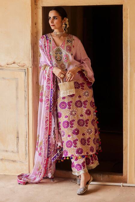 Maayera Jaipur_Pink Cotton, Silk, Satin, Chiffon Sequins, Aster Bloom Embroidered Kurta Set _Online_at_Aza_Fashions