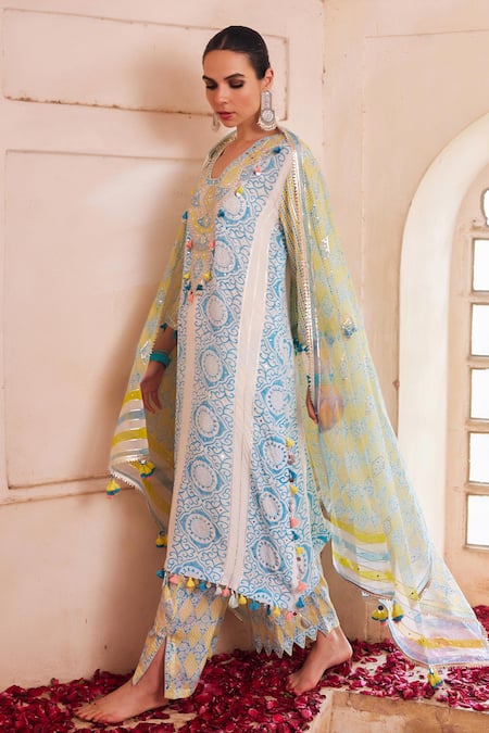 Shop_Maayera Jaipur_Blue Silk, Crepe Sequins, Mirrors, Tassels V-neck Geometric Print Kurta Set _Online_at_Aza_Fashions