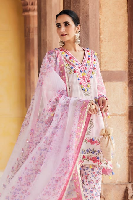 Maayera Jaipur_White Organza, Gota Patti, Sequins, Floral Stripe Kurta Set _Online_at_Aza_Fashions
