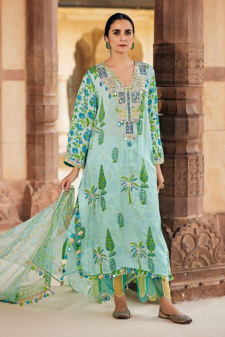 Maayera Jaipur_Turquoise Organza, Satin, Cotton Sequins, Tropical Print Kurta Set _Online_at_Aza_Fashions