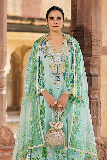 Buy_Maayera Jaipur_Turquoise Organza, Satin, Cotton Sequins, Tropical Print Kurta Set _Online_at_Aza_Fashions