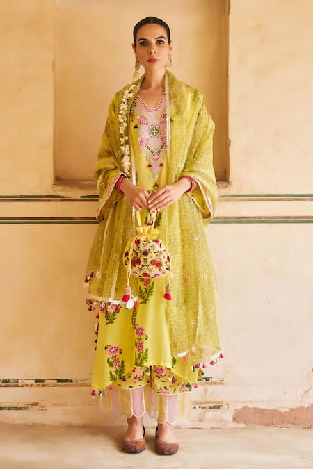 Maayera Jaipur_Yellow Organza, Satin, Cotton Embroidery, Flower Print Kurta Set _Online_at_Aza_Fashions