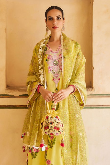 Buy_Maayera Jaipur_Yellow Organza, Satin, Cotton Embroidery, Flower Print Kurta Set _Online_at_Aza_Fashions