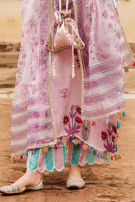 Maayera Jaipur_Pink Organza, Cotton, Satin Tassels, Zari, Blossom Printed Kurta Set _Online_at_Aza_Fashions
