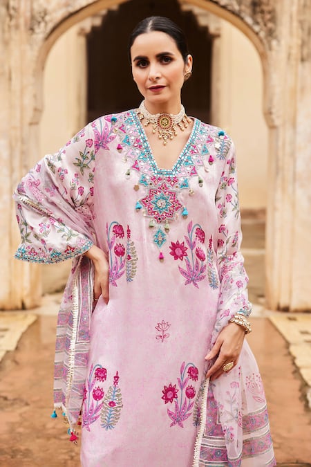Buy_Maayera Jaipur_Pink Organza, Cotton, Satin Tassels, Zari, Blossom Printed Kurta Set _Online_at_Aza_Fashions