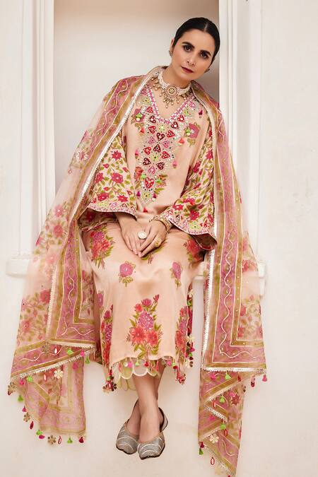 Maayera Jaipur_Beige Silk Organza, Cotton Tassels, Embroidery, Fleur Print Kurta Pant Set _Online_at_Aza_Fashions