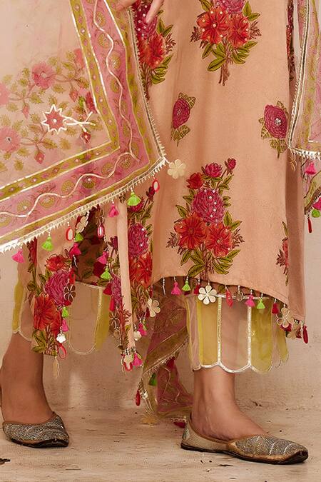 Buy_Maayera Jaipur_Beige Silk Organza, Cotton Tassels, Embroidery, Fleur Print Kurta Pant Set _Online_at_Aza_Fashions