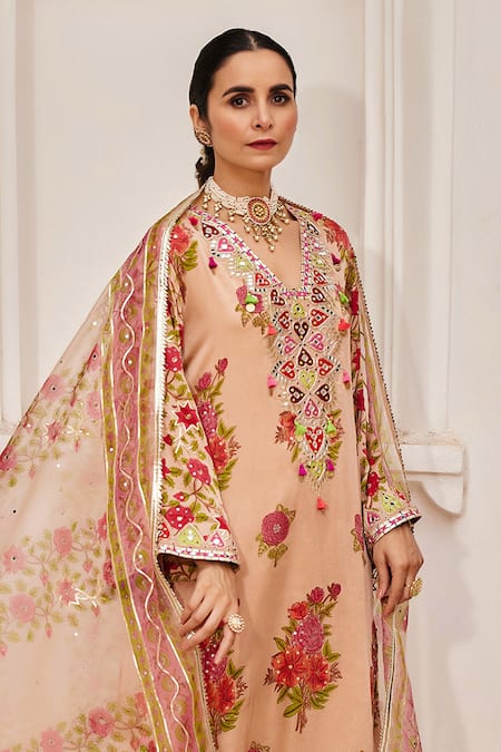 Shop_Maayera Jaipur_Beige Silk Organza, Cotton Tassels, Embroidery, Fleur Print Kurta Pant Set _Online_at_Aza_Fashions