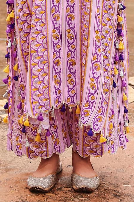 Maayera Jaipur_Purple , Satin Sequins, Zari, Floral Vine Print Kurta And Pant Set _Online_at_Aza_Fashions