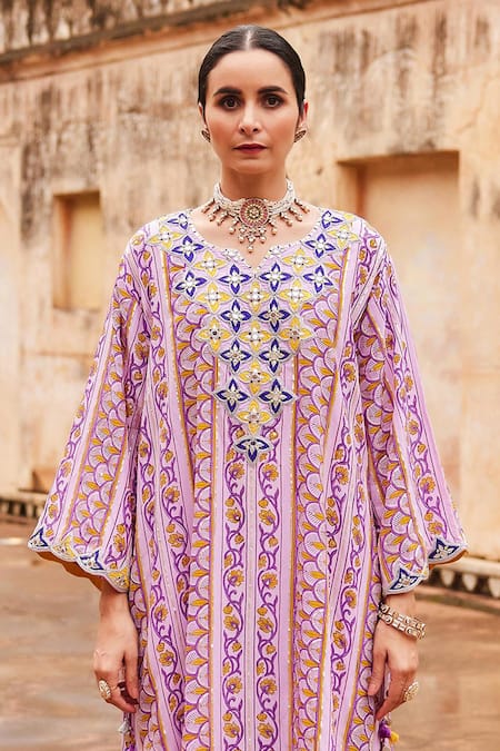 Buy_Maayera Jaipur_Purple , Satin Sequins, Zari, Floral Vine Print Kurta And Pant Set _Online_at_Aza_Fashions
