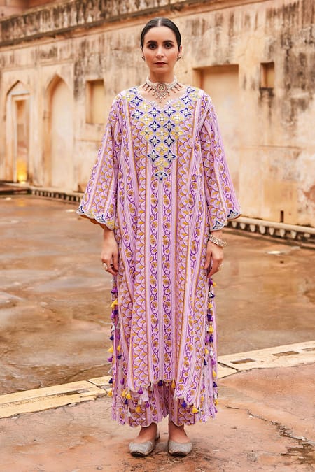 Shop_Maayera Jaipur_Purple , Satin Sequins, Zari, Floral Vine Print Kurta And Pant Set _Online_at_Aza_Fashions