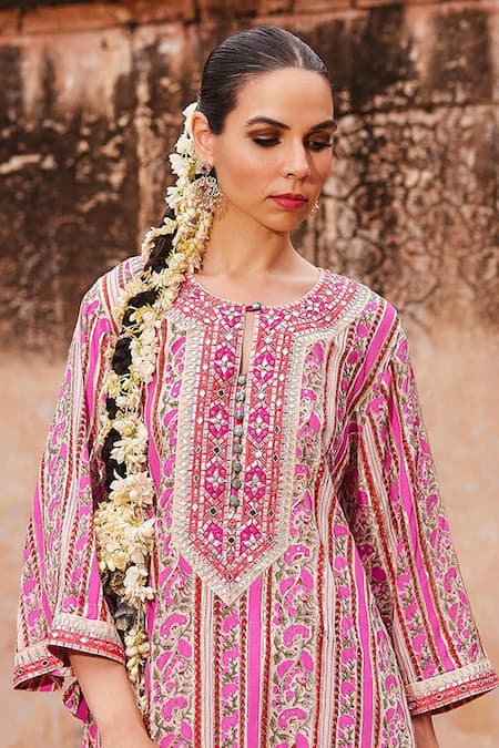 Buy_Maayera Jaipur_Pink Silk, Crepe Embroidery, Sequins, Zari Florence Print Kurta And Pant Set _Online_at_Aza_Fashions