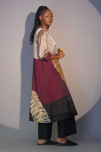 Taika By Poonam Bhagat_Multi Color Chanderi Embroidery Round Neck Banana Leaf Tunic And Pant Set _Online_at_Aza_Fashions