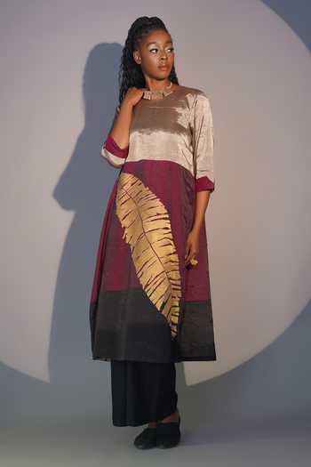 Shop_Taika By Poonam Bhagat_Multi Color Chanderi Embroidery Round Neck Banana Leaf Tunic And Pant Set _Online_at_Aza_Fashions