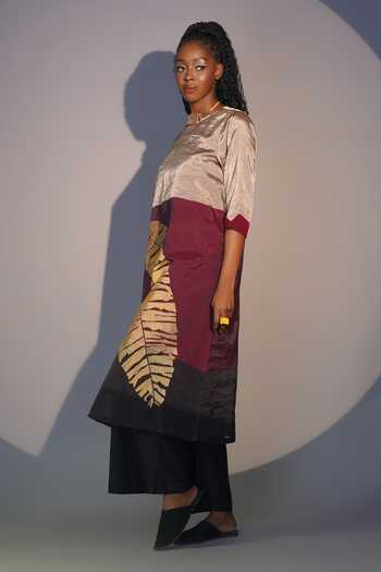 Buy_Taika By Poonam Bhagat_Multi Color Chanderi Embroidery Round Neck Banana Leaf Tunic And Pant Set 